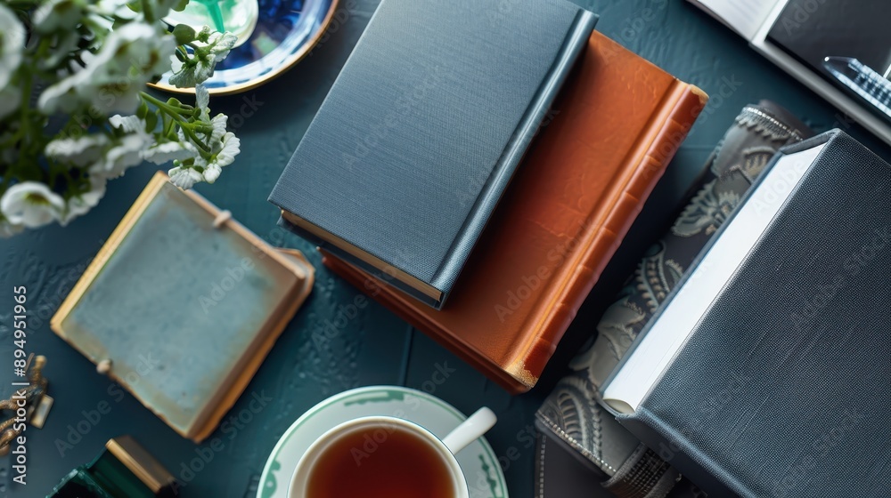 custom made wallpaper toronto digitalA cozy setup with vintage books, a cup of tea, and flowers on a wooden table, perfect for relaxation or study sessions.
