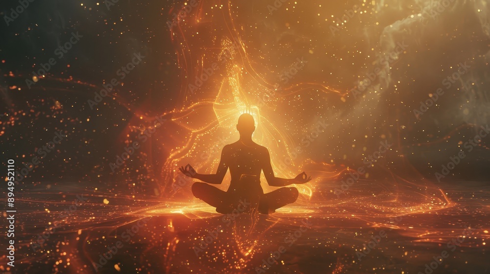 A figure is meditating in a cosmic, fiery landscape, symbolizing inner peace, spirituality, and enlightenment in a mystical atmosphere.