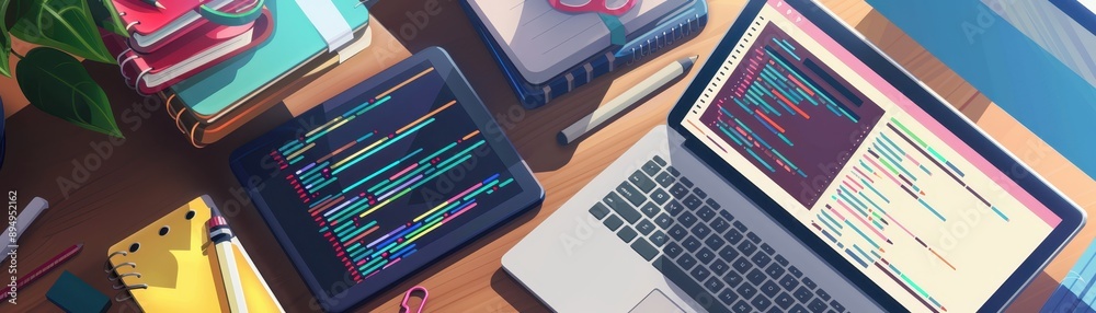 A modern workspace with a laptop, tablet displaying code, and notebooks, ideal for software development and technology projects. A modern workspace with a laptop, tablet displaying code, and notebooks, ideal for software development and technology projects.