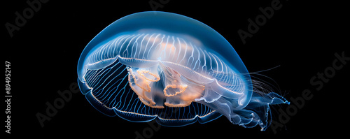 A serene image of a moon jellyfish floating gracefully on a black background. The translucent body and gentle, rhythmic pulsations of the jellyfish create a captivating and ethereal underwater scene. photo