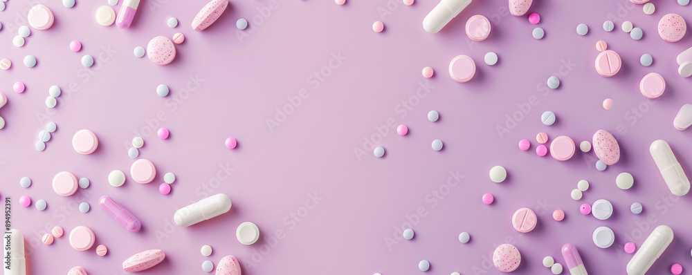 Various pills and capsules placed in a random pattern on a lavender background, with the bottom half of the image open for text. The soft lavender color provides a soothing and gentle feel. Various pills and capsules placed in a random pattern on a lavender background, with the bottom half of the image open for text. The soft lavender color provides a soothing and gentle feel.