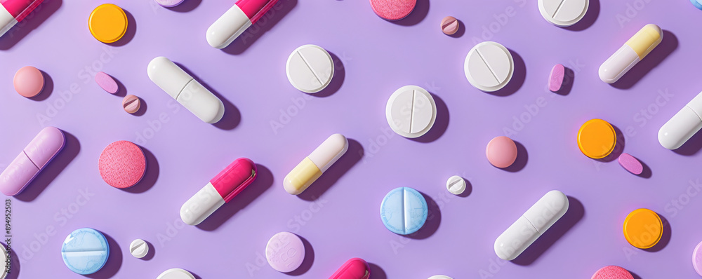 Various pills and capsules placed in a random pattern on a lavender background, with the bottom half of the image open for text. The soft lavender color provides a soothing and gentle feel.