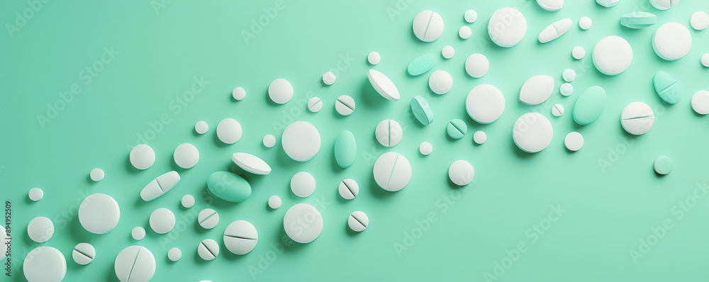 Various pills creating a diagonal line across a mint green background, with space for text in the bottom left corner. The mint green provides a fresh and calming effect. Various pills creating a diagonal line across a mint green background, with space for text in the bottom left corner. The mint green provides a fresh and calming effect.