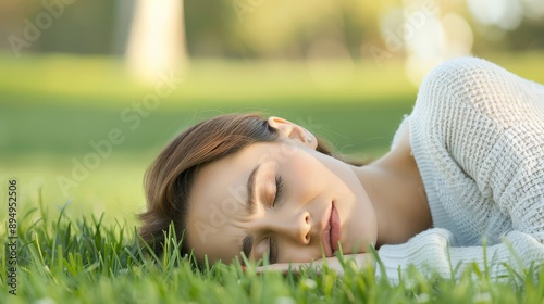 A woman is laying on the grass, looking up at the sky