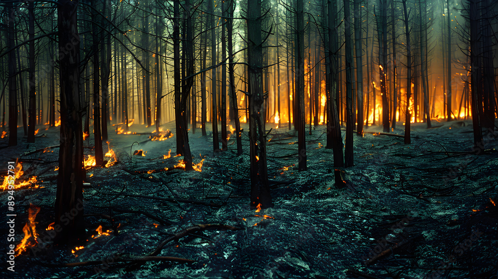Fototapeta premium Forest fire burns through dense pine forest at dusk, creating surreal and dangerous scene. Fire is visible in undergrowth, burning leaves and branches of trees. 