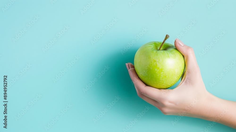 a womans hand holding a green apple - studio background with copyspace a womans hand holding a green apple - studio background with copyspace