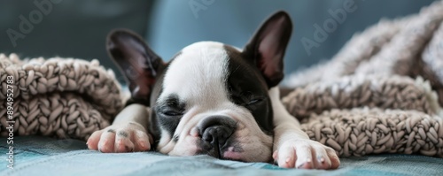 Adorable French Bulldog puppy peacefully sleeping on a cozy blanket, showcasing the epitome of relaxation and comfort. photo