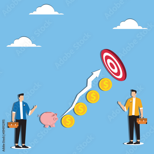 Financial planning, investment growth strategy or money management for retirement goal, budget or expense analysis to reach financial goal, people planning with piggy bank strategy to reach target