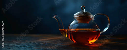 The rich amber hue of tea in a clear glass teapot, highlighted against a dark background. The image has ample space for text, perfect for promotional use. photo