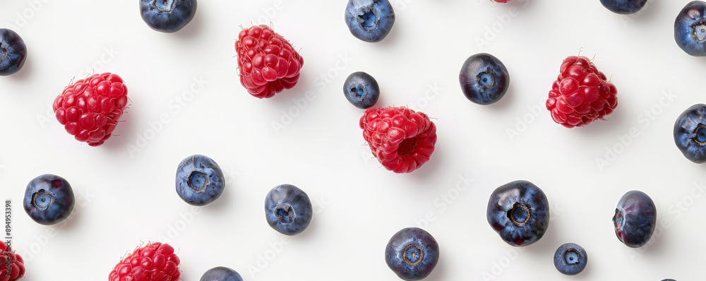 Various organic ripe berries, including blueberries and raspberries, scattered on a white background, seen from above. Various organic ripe berries, including blueberries and raspberries, scattered on a white background, seen from above.