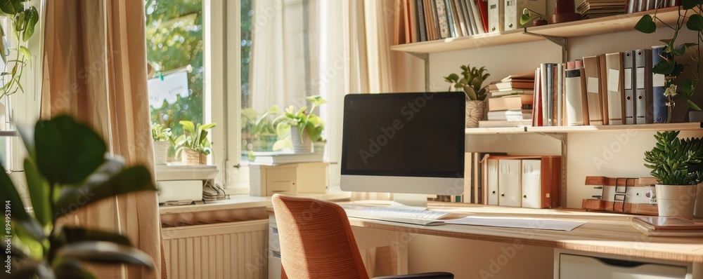 Cozy home office with computer, desk, and bookshelves filled with books and plants, illuminated by natural light from a large window. Cozy home office with computer, desk, and bookshelves filled with books and plants, illuminated by natural light from a large window.