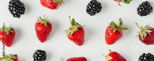 Top-down view of organic ripe berries, such as strawberries and blackberries, laid out on a white background.