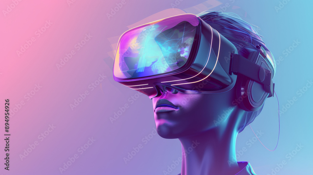 Woman exploring virtual reality world. A woman wearing a VR headset, immersed in a futuristic digital environment, showcasing the potential of virtual reality technology. Woman exploring virtual reality world. A woman wearing a VR headset, immersed in a futuristic digital environment, showcasing the potential of virtual reality technology.
