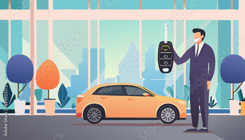 business man hold car key against modern showroom.  Automobile dealership store.  Vector illustration  