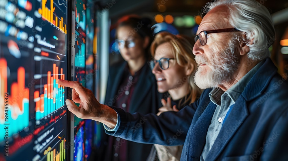 Obraz premium Data-Driven Decisions: A team of business professionals analyze data on a large screen, demonstrating their commitment to data-driven decision-making in a modern, tech-savvy environment.