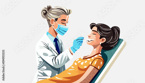  The dentist treats the female patient's teeth. Treatment cleaning and whitening of teeth. Vector illustration