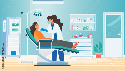  The dentist treats the female patient's teeth. Treatment cleaning and whitening of teeth. Vector illustration