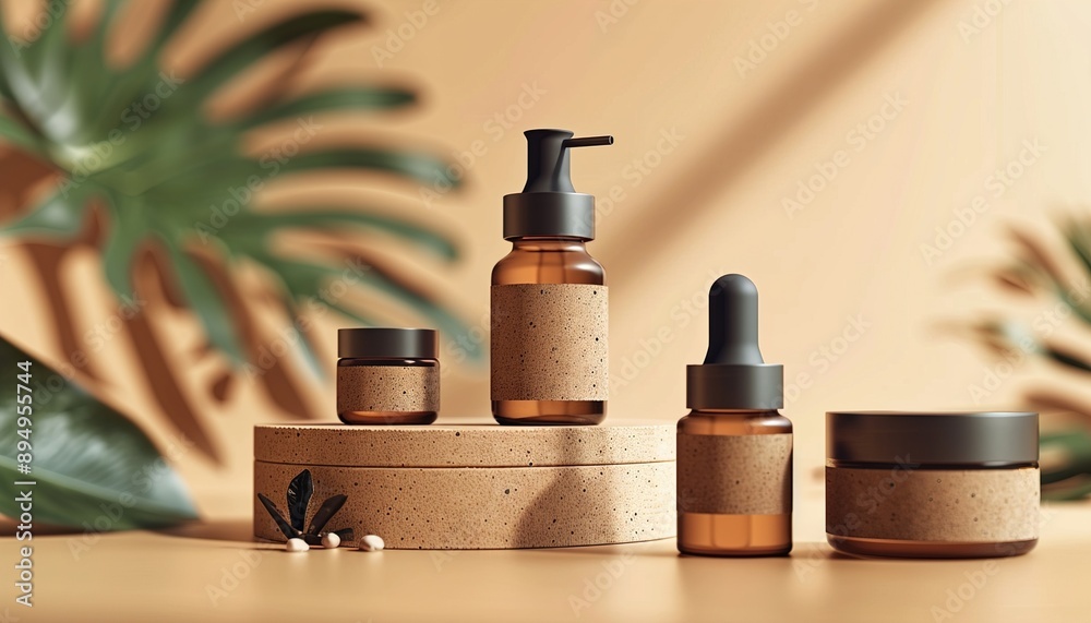 Natural beauty products in brown delicate set Natural beauty products in brown delicate set