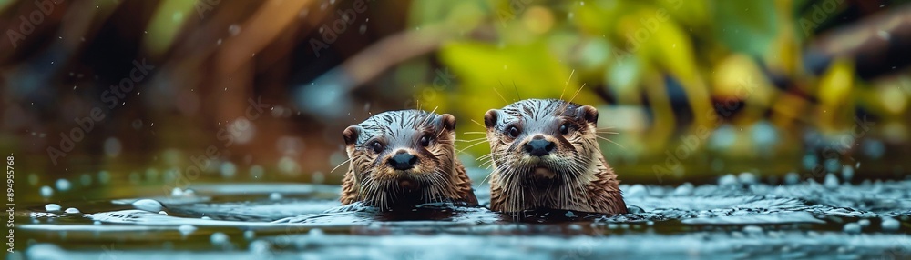 A pair of playful otters swimming in a river, photo realistic, high detail, lush greenery backdrop, clear water, engaging aquatic scene A pair of playful otters swimming in a river, photo realistic, high detail, lush greenery backdrop, clear water, engaging aquatic scene