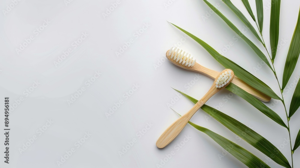 Bamboo toothbrush eco friendly concept on white surface above view with blank space Bamboo toothbrush eco friendly concept on white surface above view with blank space