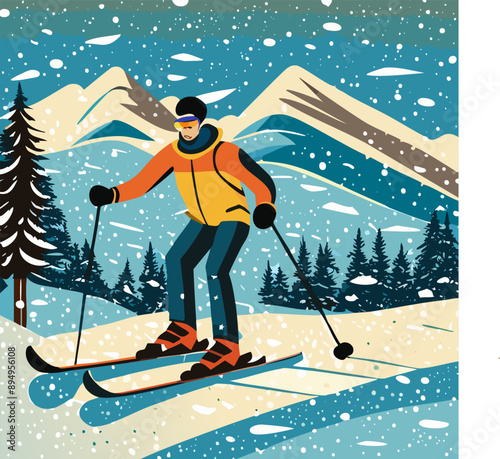 Skier rides in snowy forest, winter landscape, mountain background. EPS 10 vector 
