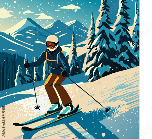 Skier rides in snowy forest, winter landscape, mountain background. EPS 10 vector 