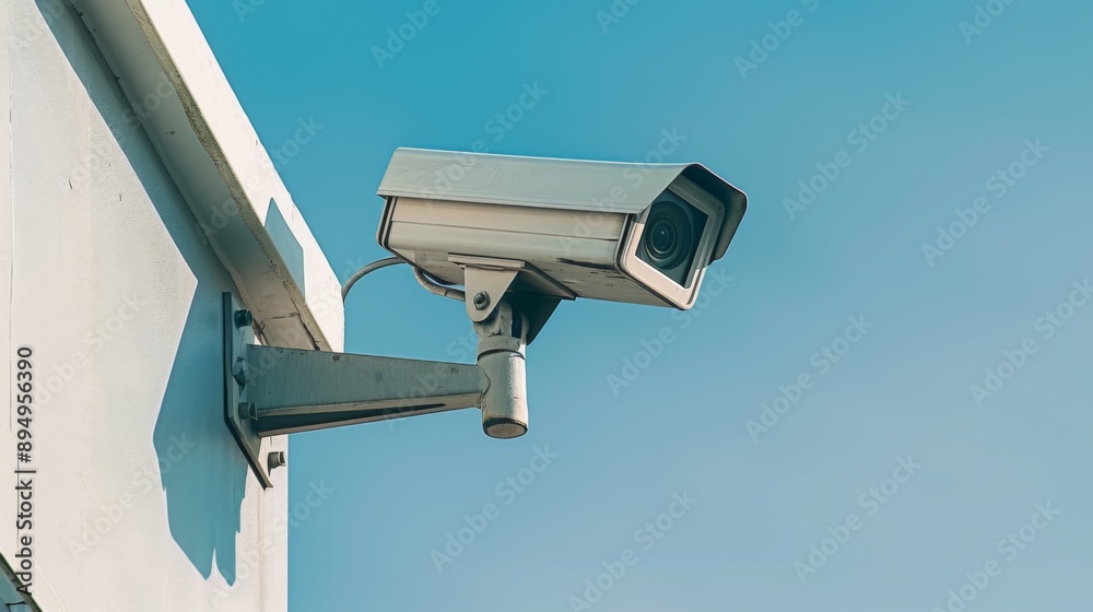 Modern Security Surveillance Camera on Building With Clear Blue Sky Background. Modern Security Surveillance Camera on Building With Clear Blue Sky Background.