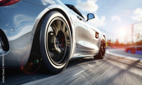 High-Performance Sports Car Wheel Close-up on Sun-Drenched Highway: Dynamic Motion Blur Captures Exhilarating Speed and Precision Engineering. Sleek Tire Treads and Alloy Rim Showcase Automotive Excel © Da
