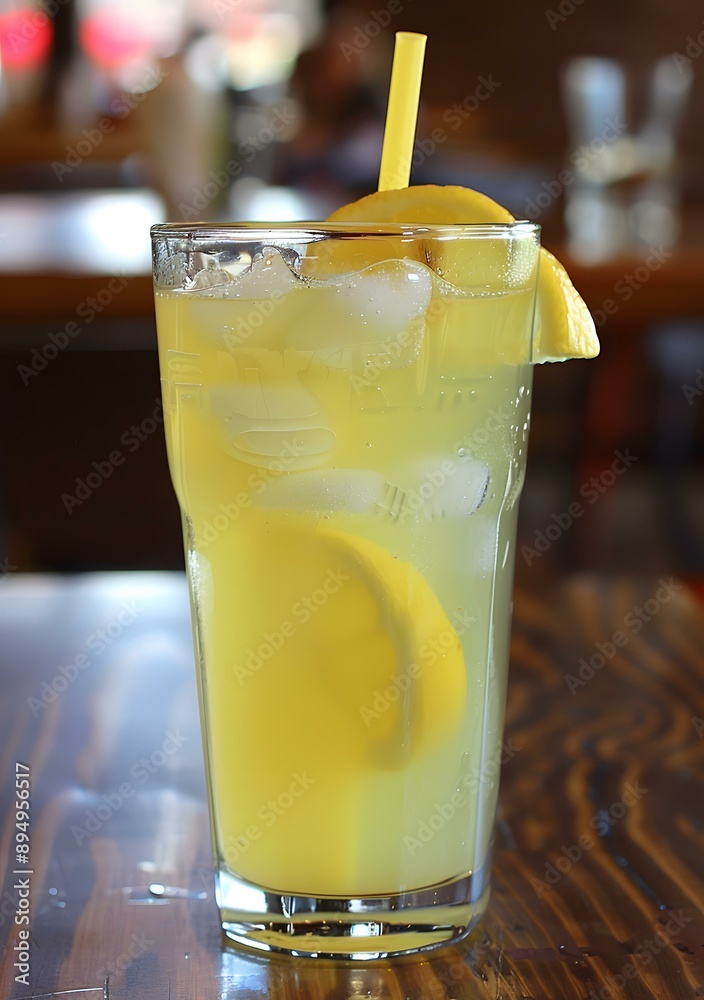 Refreshing Glass of Lemonade with Lemon Wedge and Straw