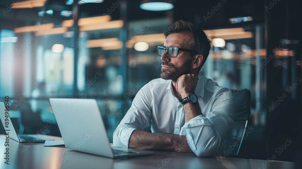 Pensive Businessman in Modern Office Setting, Working on Laptop and Contemplating Strategy

