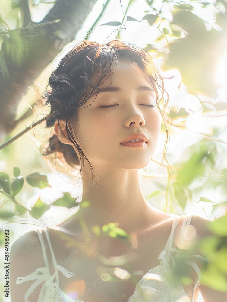 Woman relaxing in nature. Serene portrait of a woman with her eyes closed, surrounded by lush greenery, sunlight filtering through the leaves. Woman relaxing in nature. Serene portrait of a woman with her eyes closed, surrounded by lush greenery, sunlight filtering through the leaves.