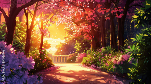 Serene sunset in a vibrant garden filled with blooming cherry blossoms and colorful flowers, illuminating a peaceful pathway
