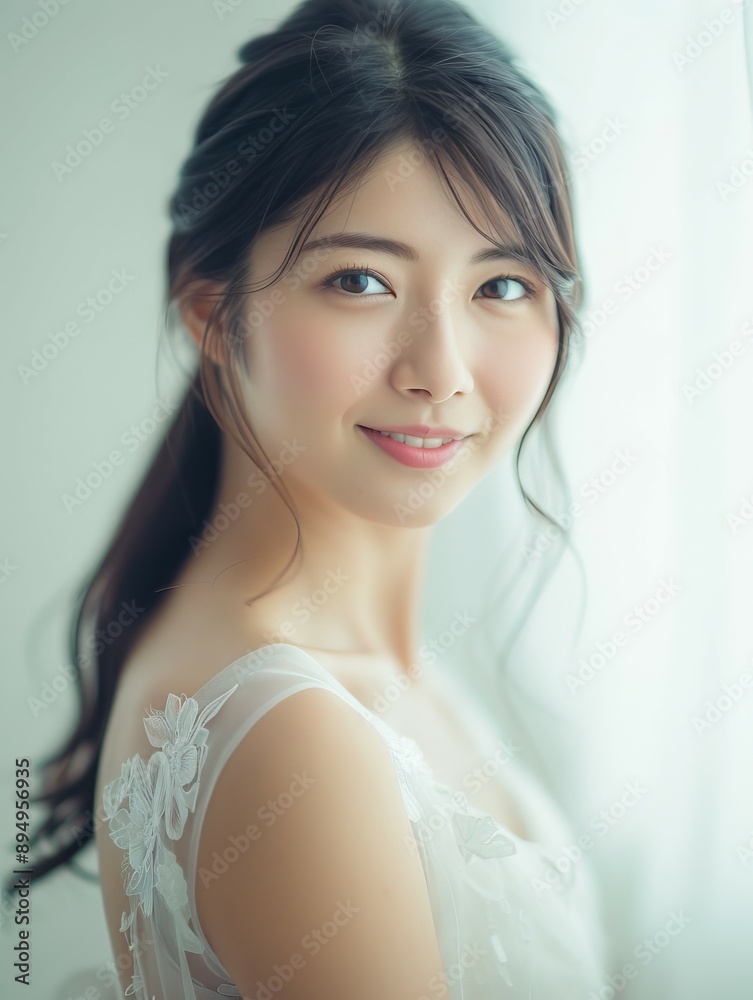 Elegant lady in white dress. A captivating young woman with a graceful hairstyle radiates joy and serenity in her pristine white gown. Elegant lady in white dress. A captivating young woman with a graceful hairstyle radiates joy and serenity in her pristine white gown.