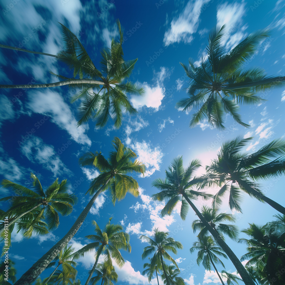 green palm trees with blue sky background; peaceful vacation/holiday backgrounds green palm trees with blue sky background; peaceful vacation/holiday backgrounds