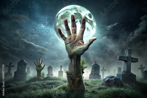 Zombie hand rising out of a graveyard in spooky night