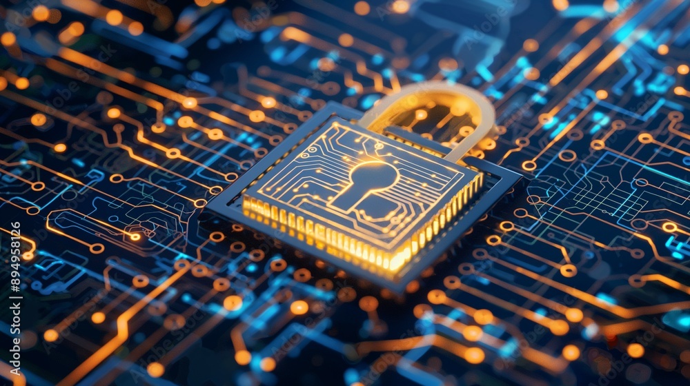 Key lock security concept on top of electronic circuit board Key lock security concept on top of electronic circuit board