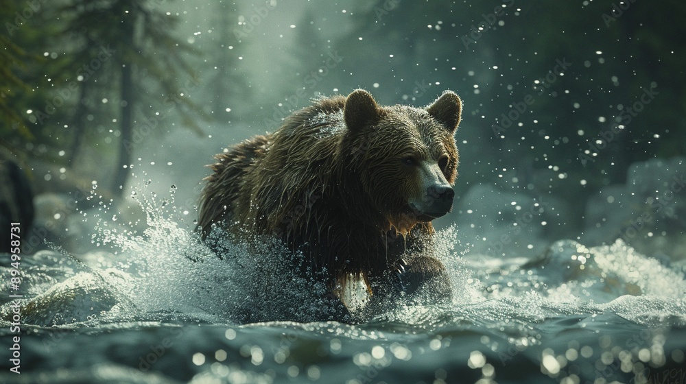 A bear fishing in a rushing river, photo realistic, high detail, dynamic water splashes, rich forest backdrop, balanced ecosystem 8K , high-resolution, ultra HD,up32K HD A bear fishing in a rushing river, photo realistic, high detail, dynamic water splashes, rich forest backdrop, balanced ecosystem 8K , high-resolution, ultra HD,up32K HD