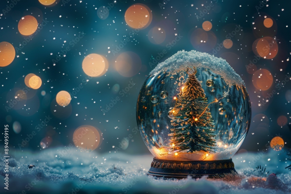 snow globe containing a miniature Christmas tree, dusted with snow snow globe containing a miniature Christmas tree, dusted with snow