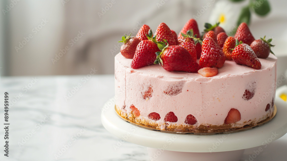 Photo of a strawberry cake on a white background, front view with copy space for text or design Photo of a strawberry cake on a white background, front view with copy space for text or design