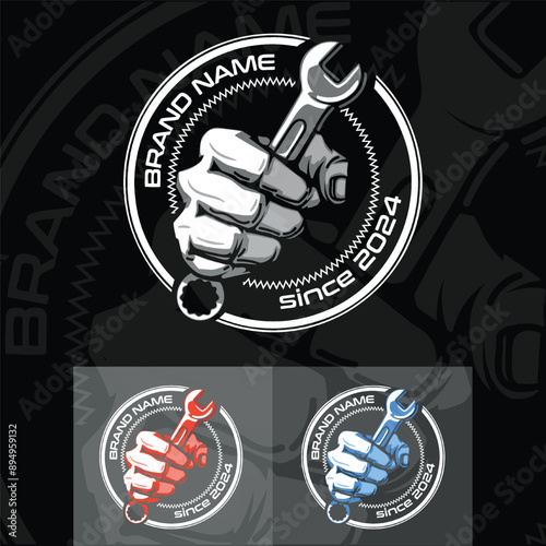 Hand with a tool in hand logo, on a black background and with an additional two options.