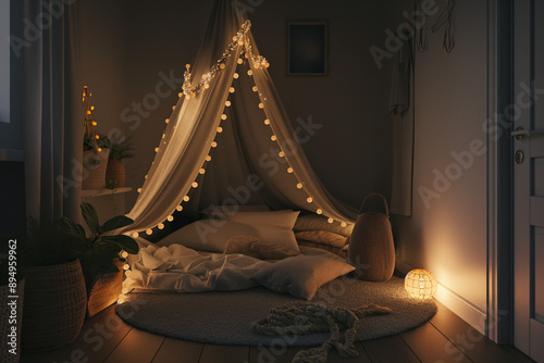 In a cozy kids' bedroom designed in dark Scandinavian Nordic style, soft light garlands gently illuminate the room. The room features a tent canopy bed adorned with soft pillows, creating a comfortabl photo