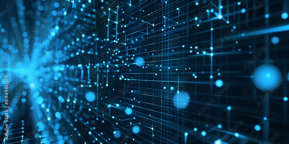 A blue digital grid network with interconnected nodes, illustrating data communication and advanced technological systems, emphasizing the complexity and depth of modern digital infrastructures.
