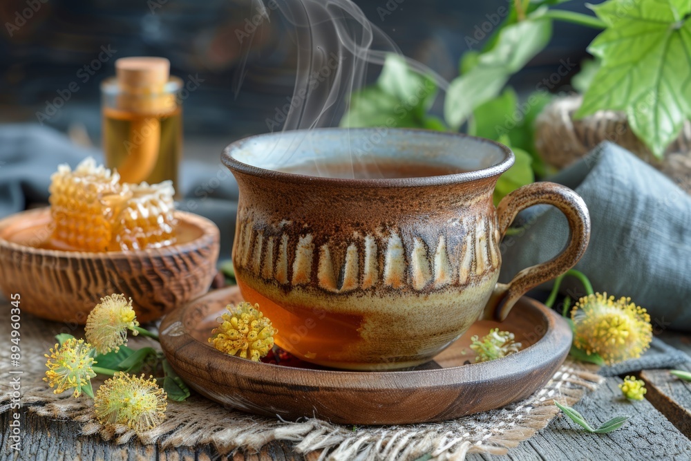 steaming cup of linden tea in a rustic mug, nestled next to a small bowl of golden honey steaming cup of linden tea in a rustic mug, nestled next to a small bowl of golden honey