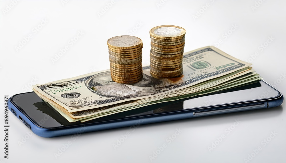 Fototapeta premium cash and coins on a mobile phone