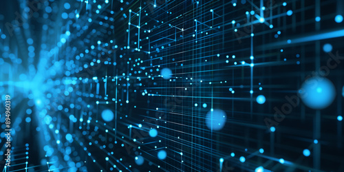 A blue digital grid network with interconnected nodes, illustrating data communication and advanced technological systems, emphasizing the complexity and depth of modern digital infrastructures.