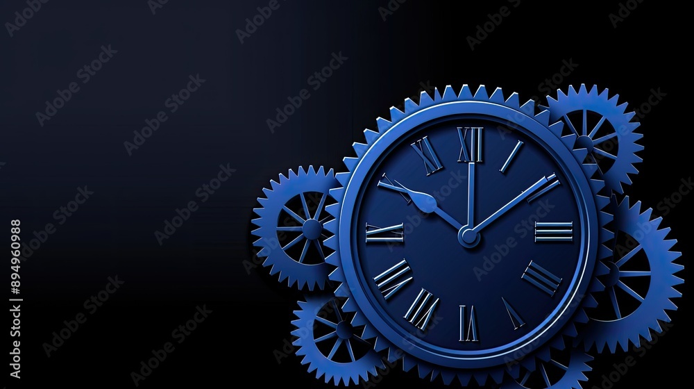 Blue Clock and Gears on Black Background:A Close-Up of a Blue Clock Face With Roman Numerals, With Its Hands Pointing at 11 Blue Clock and Gears on Black Background:A Close-Up of a Blue Clock Face With Roman Numerals, With Its Hands Pointing at 11