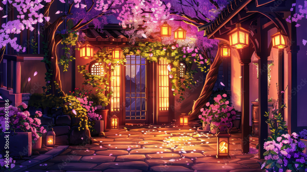 Serene twilight scene of a landscaped garden with blooming cherry blossoms, lanterns illuminating stone pathways in an enchanting ambiance Serene twilight scene of a landscaped garden with blooming cherry blossoms, lanterns illuminating stone pathways in an enchanting ambiance