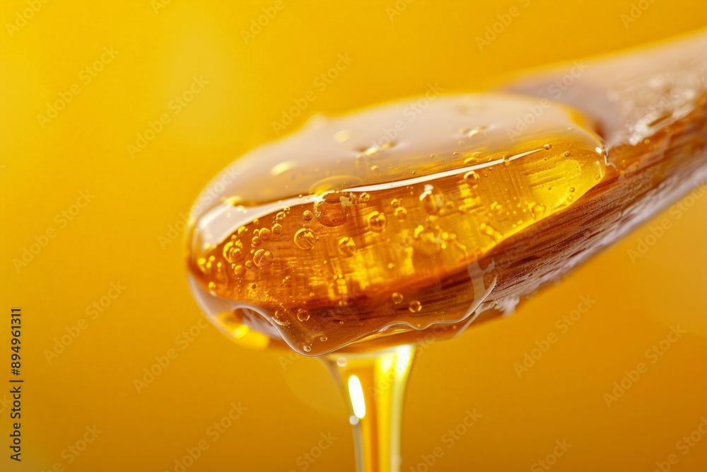 A close-up of a honey dipper, with honey dripping onto a yellow background, highlighting the texture and detail of the honey. A close-up of a honey dipper, with honey dripping onto a yellow background, highlighting the texture and detail of the honey.