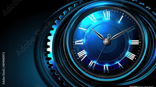 Close-up of Blue Glowing Clockface With Roman Numerals, Silver Gear, and Hands Pointing to 3. Bright Blue With Outer Glow