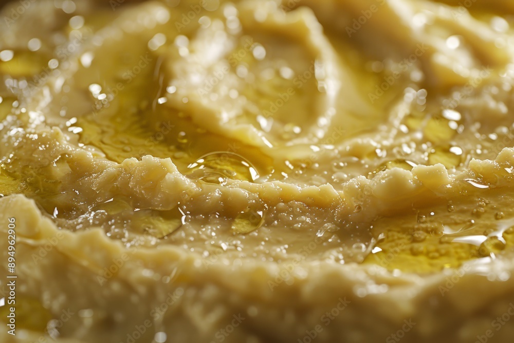 A close-up of the surface of the hummus, highlighting its texture and the glistening droplets of olive oil. A close-up of the surface of the hummus, highlighting its texture and the glistening droplets of olive oil.